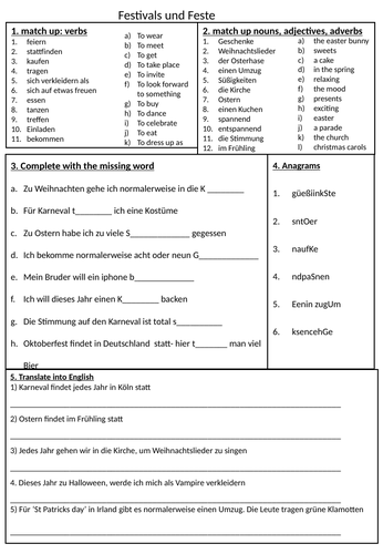 Conti Style Worksheet Festivals und Feste (AQA GCSE)