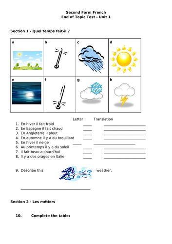 Year 8 French Unit 1 Test