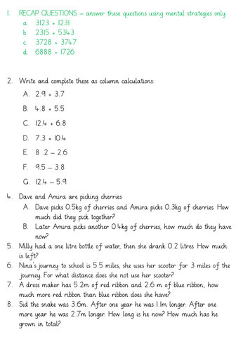 Calculate with decimal numbers using column addition and subtraction