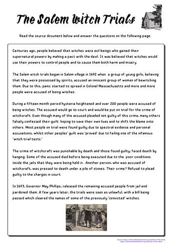 Salem Witch Trials English Comprehension Reading Activity. KS2 / KS3 ...