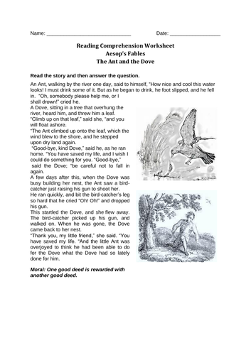 Reading Comprehension Worksheet  The Ant and the Dove with Answer Key