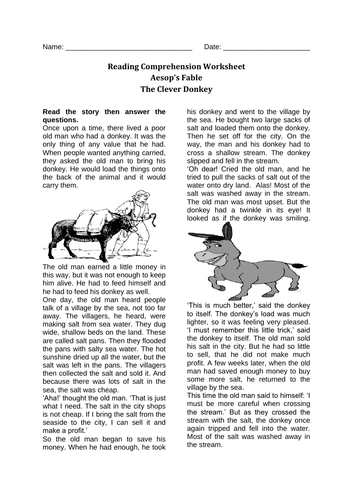 Reading Comprehension Worksheet The Clever Donkey with Answer Key