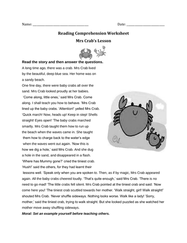 Reading Comprehension Worksheet Mrs Crab's Lesson with Answer Key