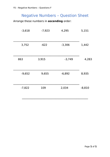 Y5 Maths - Negative Numbers (Free)