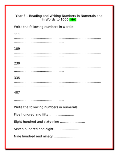 Year 3 Reading and Writing Numbers up to 1000