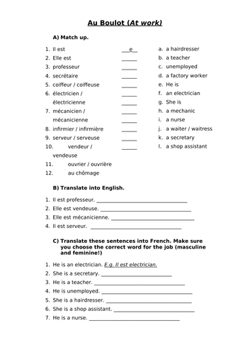 French jobs worksheet