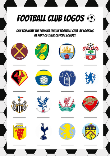 Football Premier League Team Quiz UK. Game Sheet and Answers - Lesson Filler