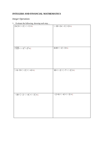 Year 9 Integers and Financial Maths Revision