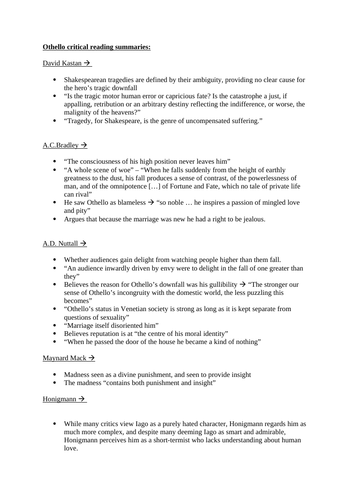 Othello Critical Reading Summaries