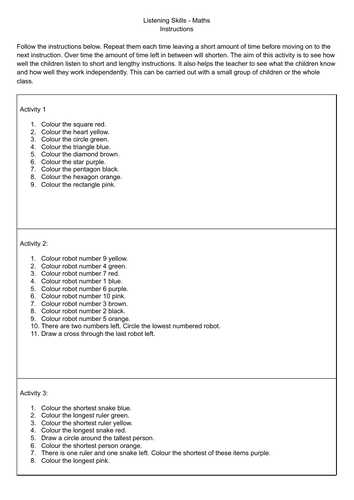 Listening Skills Maths Worksheets - Early Years, Key Stage 1.
