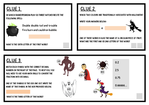 Halloween Escape Room Game Quiz .  KS3 Secondary Clues /Quiz English / Math / Science Hide the Clues