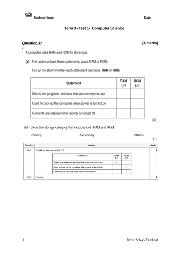 Computer Science and ICT -Test 1-  Term 2 - Year 10 and 11 ( Input and Output)