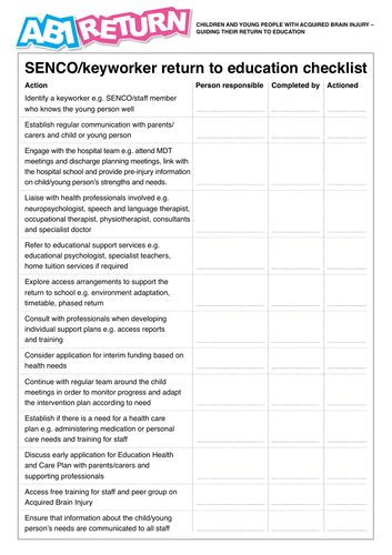 SENCO/keyworker return to education checklist