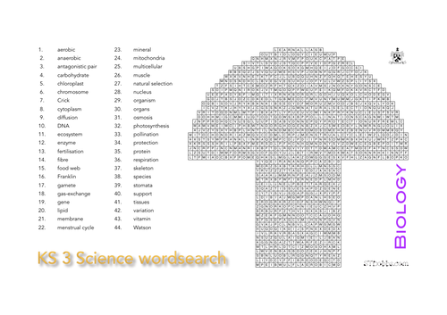 Key stage 3 science wordsearch:  biology