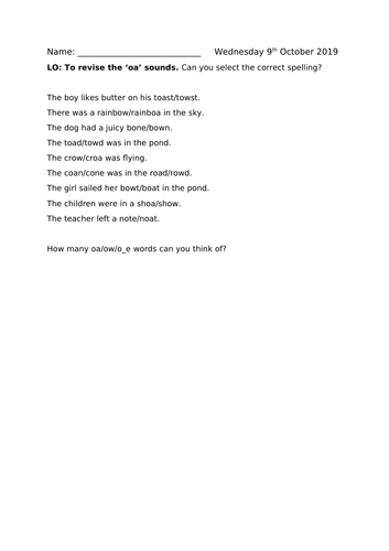 Phonics oa ow o-e correct spelling