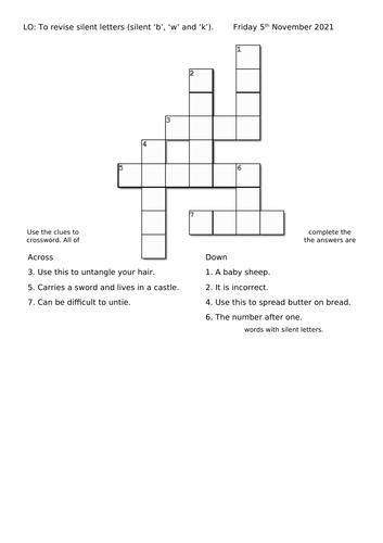 Phonics silent letters crossword