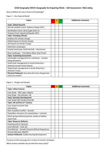 GCSE Geography OCR B – Self Assessment/RAG