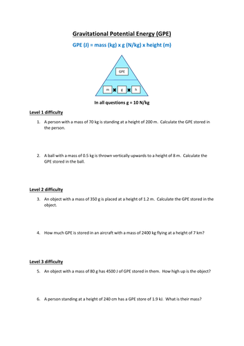 GCSE Physics Gravitational Potential Energy (GPE=mgh) Questions and Answers