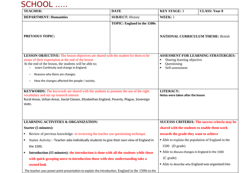 HISTORY LESSON PLAN FOR FIVE WEEKSON DIFFERENT TOPICS