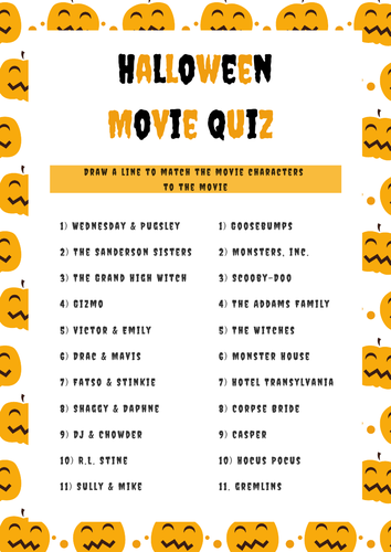 Halloween Movies Spooky Matching Character Quiz Sheet and Answers. Fun ...