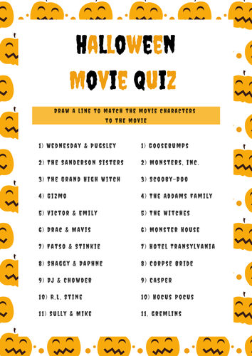 Halloween Movies Spooky Matching Character Quiz Sheet and Answers. Fun Lesson Filler
