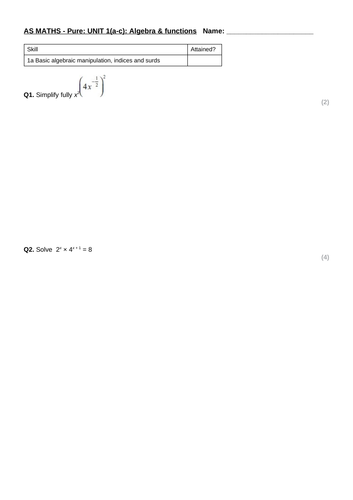 AS Maths 'unit test' pack