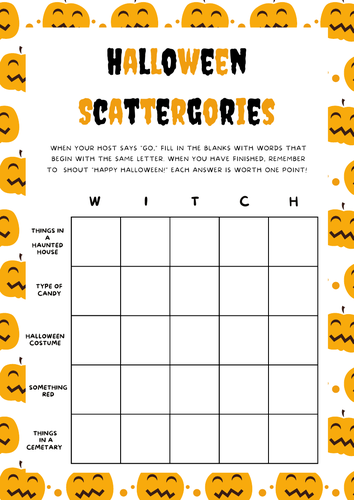 Halloween Scattergories Game Spooky Activity / Worksheet