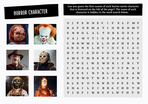 Horror Movie Word Search & Answers Sheet Spooky Activity Quiz. Halloween
