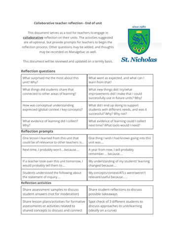 MYP - Collaborative unit reflection activities for teachers