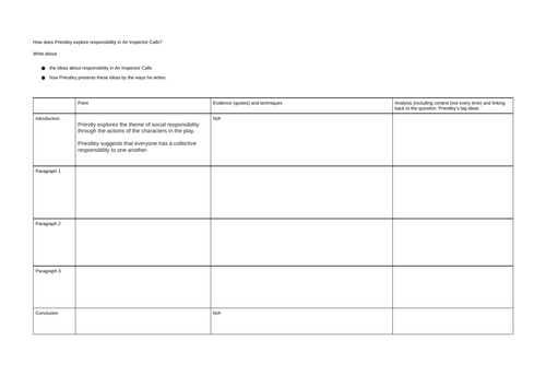 An Inspector Calls planning grid for responsibility