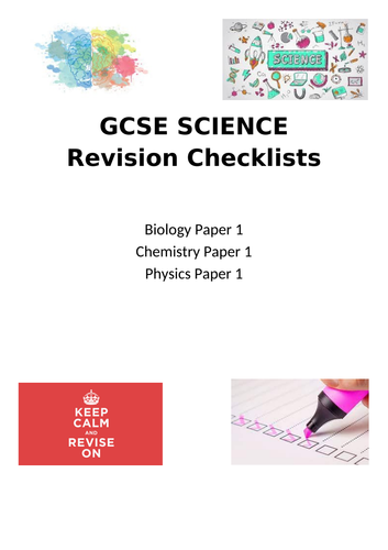 AQA GCSE Science (9-1) Revision Checklists for Paper 1 - Biology, Chemistry, Physics
