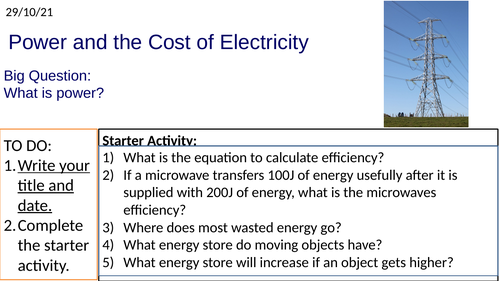 KS3 Physics Power and the Cost of Electricity: Complete Lesson