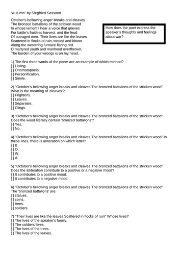 "Autumn" Siegfried Sassoon War Poetry KS3 KS4 Unseen Close Reading Guided HW Starter Remembrance