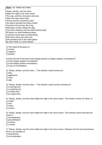 "Silver" Walter de la Mare Close Guided Reading Multiple choice Quiz HW