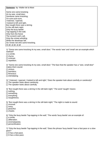 KS2 KS3 "Someone" Walter de la Mare Multiple Choice Quiz Comprehension CRR Methods HW