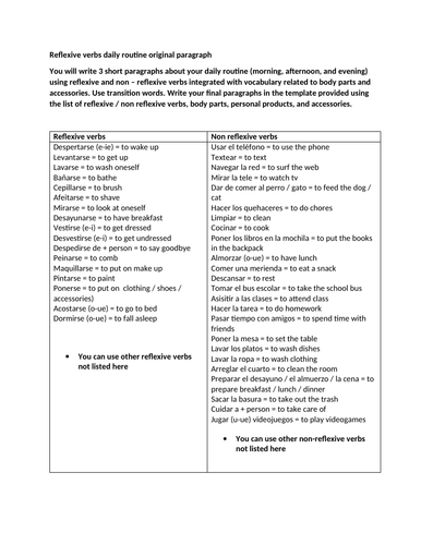 Reflexive verbs daily routine original paragraphs