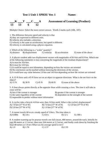 Vectors Quiz and Test Package Grade 11 Physics Ver. 1 WITH ANSWERS