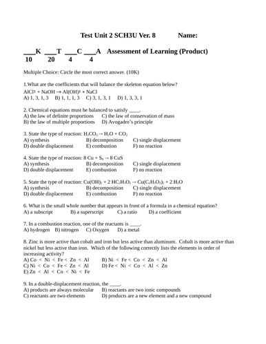 Balancing and Reaction Quiz and Test Package Grade 11 Chemistry #8  WITH ANSWERS