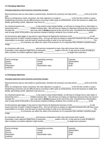 1.3 Changing objectives - Fill gaps worksheet and answers