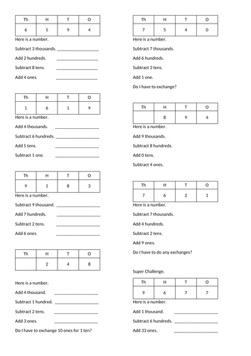 Adding  Subtracting Thousands Hundreds Tens Ones