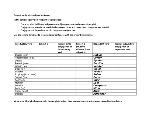 Original Sentences With Present Subjunctive Verbs Teaching Resources