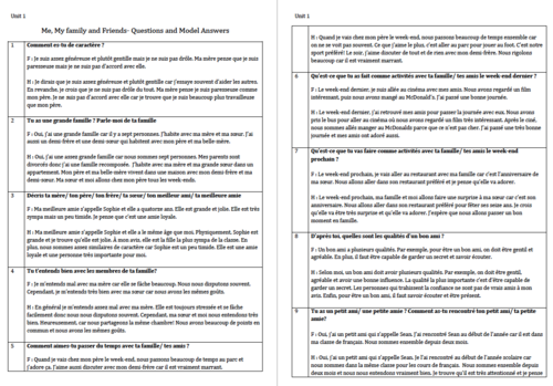 Unit 1- Possible Questions and model Answers- GCSE French