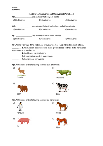 Herbivores, Carnivores, and Omnivores - Worksheet | Printable and Distance Learning