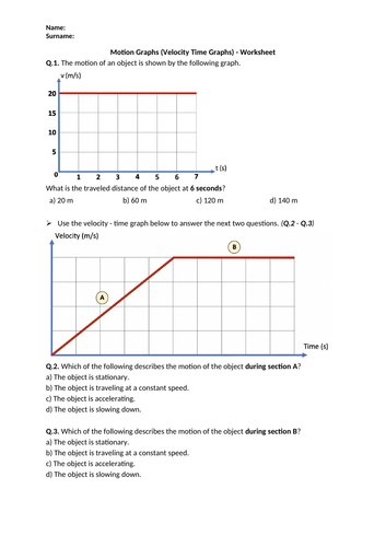 Motion Graphs (Velocity Time Graphs) - Worksheet | Printable and Distance Learning