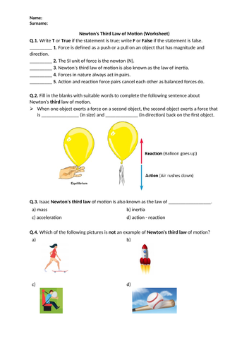 Newton's Third Law of Motion - Worksheet | Printable and Distance Learning