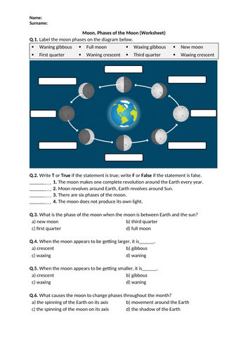 Moon, Phases of the Moon - Worksheet | Printable and Distance Learning