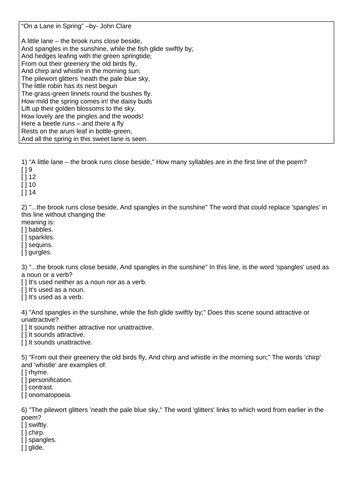 KS2, KS3, Poetry, "On a Lane in Spring" John Clare, Quiz, Homework, Guided reading