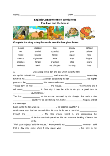 Reading Comprehension Worksheet "The Lion and the Mouse"with Answer Key
