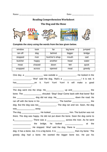 reading-comprehension-worksheet-the-dog-and-the-bone-with-answer-key-teaching-resources