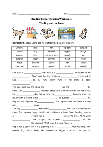 Reading Comprehension Worksheet 'The Dog and the Bone' with Answer Key